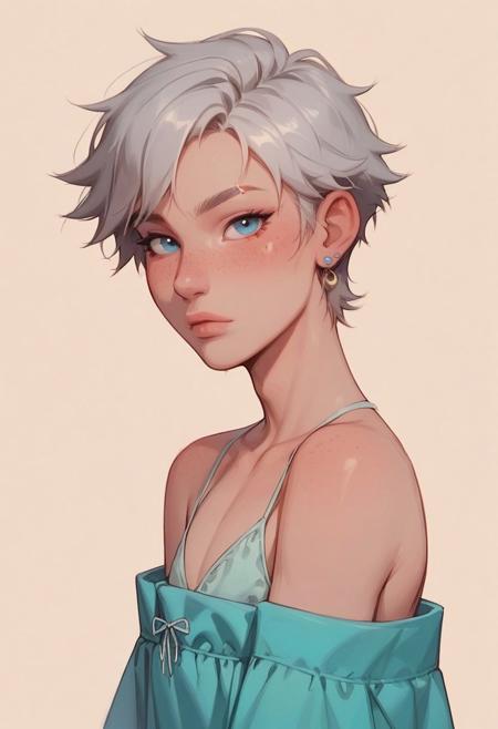 score_9, score_8_up, score_7_up, beautiful femboy inspired by Gin. He has a slim and graceful figure with short, spiky silver hair and large, bright blue eyes. His fair skin is dusted with freckles across his nose and cheeks, and he has a small, crescent-shaped scar on his right cheek. His style is light and airy, featuring flowing, loose-fitting clothing in pastel blues, mint green, and lavender, with accents of silver and white. He wears delicate silver jewelry and soft fabric belts. He is playful and energetic, enjoys spending time in nature, experimenting with new recipes, and painting, suggestive, erotic pose