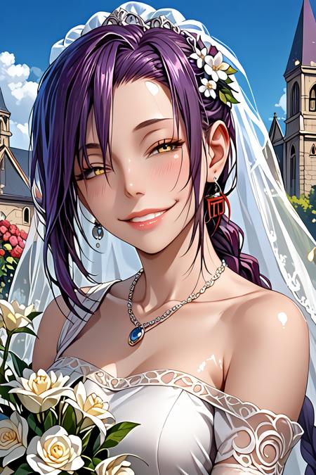 Magane_Chikujoin,purple hair, 1 girl, braid, yellow eye color, hair ornament, very long hair, white skin,long hair hair over one eye