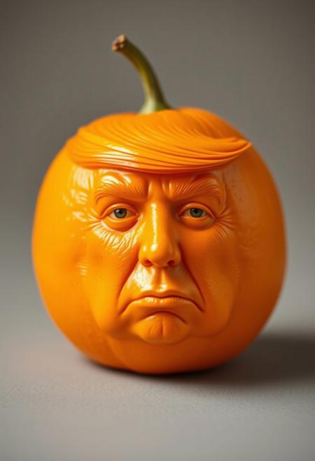 Smug orange fruit with Donald J Trump face