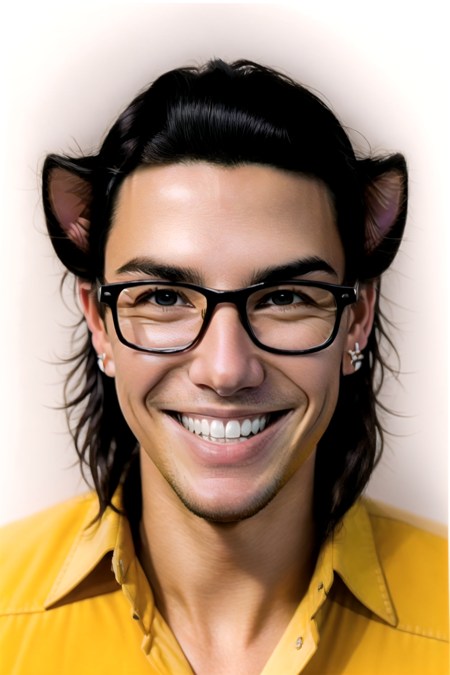 Tobias X'voor, solo, looking at viewer, smile, simple background, black hair, 1boy, white background, purple eyes, male focus, glasses, teeth, grin,  ceat ears, aninmal ears, portrait, realistic <lora:Tobias_Xvoor-000008:1>