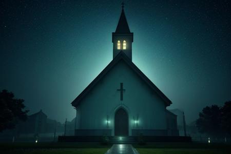 detail photo, minimalistic, cinematic lighting, moody, realism, A church  with green and white ghostly figures floating around it, a night sky with stars and rain,
