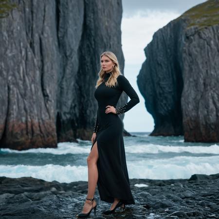 cinematic film still an (curvy:0.1) (busty:0.1) ohwx woman long blonde hair posing in a
Black long sleeve mock neck dress	None (dress is floor length)	Pointed toe black pumps	Pearl stud earrings
Kullamannen, Norway, Europe	Arctic coastline	Sea cave along Lofoten Islands shore	Icy North Atlantic crashing against cliffs	Model standing statuesque at cave entrance against crashing surf	Jagged basalt columns and towering sea stacks against milky sky
in style of Steve McCurry	Canon EOS 5D Mark IV	24-70mm	f/2.8	1/125s	400	Natural light, reflectors <lora:Jessica Valero_SDXL_v1.0b:1> . shallow depth of field, vignette, highly detailed, high budget, bokeh, cinemascope, moody, epic, gorgeous, film grain, grainy