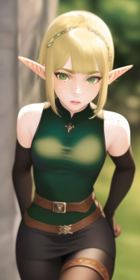 masterpiece, beautiful, detailed,  realistic, <lora:wakfu_evangelyne:1>, 1 woman, solo, adult, mature woman, realistic green eyes, (bangs:1.3), short blonde hair, elf ears, (freckles:1.2), black shirt, black miniskirt, black leggings, gloves, brown belt, brown thigh boots, bare shoulders, (body freckles:1),