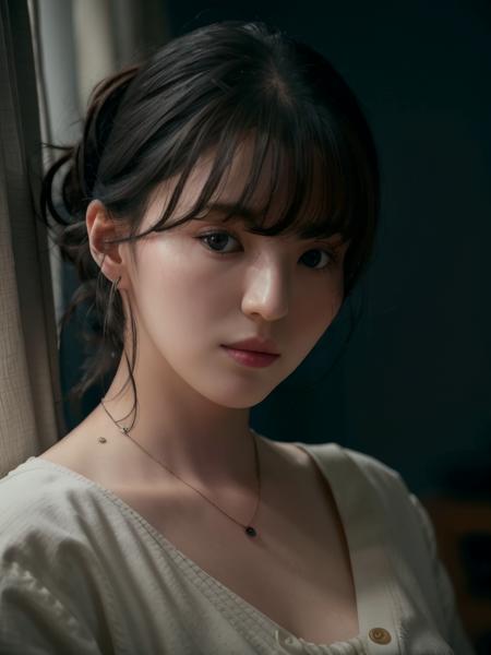 hansohee in cardigan, necklace, hair bangs, (looking to camera:1.1), hair tied up, selfie

dark bedroom, rim lighting, two tone lighting, dimly lit, low key,

, hyper realistic lifelike texture dramatic lighting unrealengine trending on artstation,award winning photo,nikon RAW photo,8 k,Fujifilm XT3,masterpiece, best quality, realistic, photorealistic,ultra detailed,extremely detailed face,

<lora:hansohee-sd1.5-newcaption-50step-000001:0.8> <lora:epiNoiseoffset_v2:1>