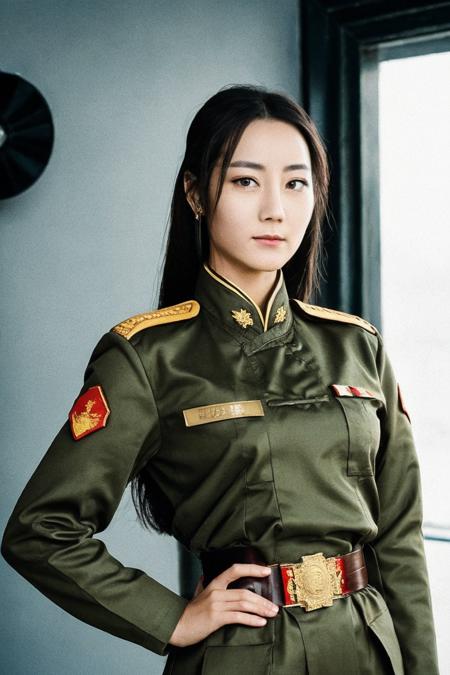 waist up portrait photo of dilmur woman  <lyco:DilrabaDogu:1>  , (looking at camera:1.1),wearing a (chinese army uniform:1.2), realistic, epic character composition,indoors, studio lighting, subsurface scattering, f2, 35mm,