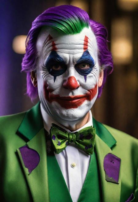 Generate a satirical and cinematic image depicting Donald Trump in a Joker's costume within the stylized world of a Batman film. Envision Trump adorned in an intricately detailed Joker outfit, complete with the iconic purple suit, green hair, and the Joker's characteristic makeup,(Masterpiece:1.3) (best quality:1.2) (high quality:1.1)