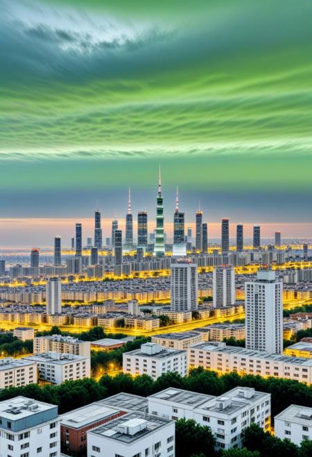 small dark and gray tv towers on horizon sky is light muted green after sunset but sky and city enought light, some seldom clouds around sky cityscape has 2 layers close to viever is small 3 floor buildings, after this 7 floor buildings