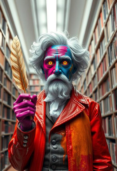Nietzsche living vibrant eyes full body made of cohesive liquid colorful paints wearing professor clothing holding a quill/missile, massive library with white fluorescent lighting,