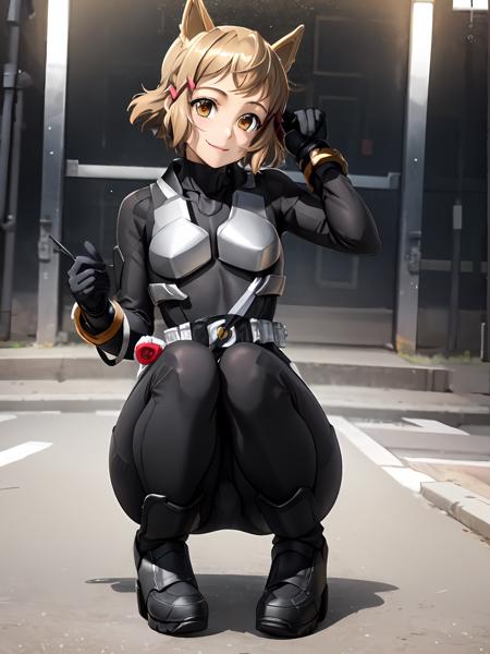 (extremely detailed CG), (best quality), perfect face,  shiny skin, lustrous skin, <lora:NagoEntry-10:0.7> NagoEntry, gloves,rider belt, belt,bodysuit,,cat ears, armor,black gloves,handcuffs,black footwear,boots,,solo,1girl, <lora:Hibiki flexible:0.8>thflex ,fullbody,tachibana hibiki \(symphogear\) (hair clip:1.1) brown eyes, smile,