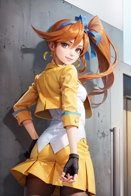 (masterpiece, best quality:1.2), <lora:aa_cykes-10:0.8>, from behind, solo, 1girl, athena cykes, smile, looking back, orange hair, open clothes, yellow jacket, collared shirt, blue necktie, yellow skirt, pantyhose, single glove, partially fingerless gloves, single earring, crescent earrings