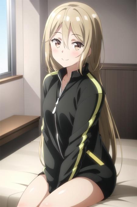 (masterpiece), high quality, (detailed background:1.2), 1girl, solo,
<lora:Akira-v1-06:0.7>, ChopioAkira, light brown hair, very long hair, hair between eyes, mole on neck, brown eyes, (looking at viewer:1.3),
outfit_2, black track jacket, zipper, long sleeves, bottomless,
bedroom, bed,
on bed, sitting, happy, smile, blush,