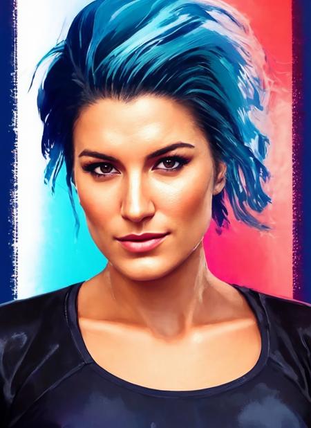 award winning half body portrait of sks woman in a croptop and cargo pants with ombre navy blue teal hairstyle with head in motion and hair flying, paint splashes, splatter, outrun, vaporware, cell shaded, (octane render:1), trending on artstation, highly detailed, fine detail, intricate, <lora:lora_gina_carano_320:1.4>