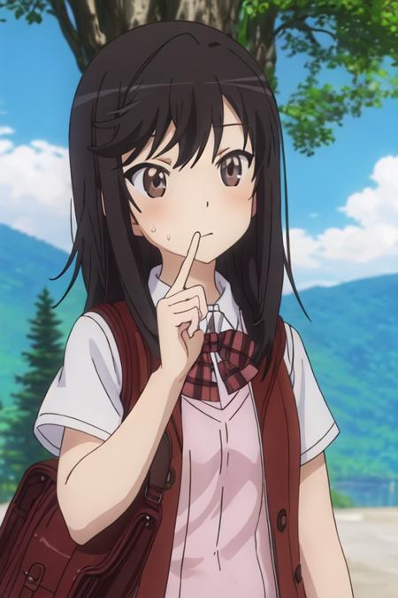 best quality, masterpiece, highres, solo, {ichijou_hotaru_nonnonbiyori:1.15}, black_hair, long_hair, brown_eyes, blush, brown_hair, 1girl, anime_coloring, day, looking_at_viewer, outdoors, sweatdrop, sweater_vest, sky, shirt, tree, cloud, school_uniform