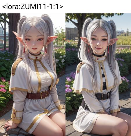 masterpiece,best quality,ultra-detailed,glowing light,(detailed background, complex background:1.2),(perfect face, detailed face),(mature female, milf:1.4),full-face blush,smile,parted lips,thighs,
<lora:frieren:1>,frieren,1girl,long hair,pointy ears,twintails,jewelry,elf,earrings,capelet,white capelet,long sleeves,parted bangs,dress,belt,flower,
(outdoors, garden, sitting, arms support),\(zumi:2\),\(zumi head:1.8\),<lora:ZUMI11-1:1>,