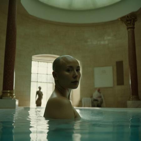 Analog nude full body portrait photograph, 2girls, nude, (1girl beautiful elegant chubby 40yo Asian woman, shaved head )(shiny scalp)(bald head:2), caressing head of (1girl, beautiful petite pale freckled redhead 28yo white woman), in pool of ornate huge Moorish Bath, columns, skylights, shot from below, dark chiaroscuro lighting, rich dark cool reds and pale nuetral colors in background, 35mm, realistic, Cinematic Hollywood Film style, high detail, detailed eyes, detailed skin texture, (blush:0.2), (goosebumps:0.3), subsurface scattering, highly detailed skin, skin imperfections, mole, dirty skin, sweat, scar, atmospheric, dramatic, erotic, sensual, rich dark colors, deep shadows, masterpiece, harmonious, vignette, 4k epic detailed, shot on kodak, 35mm photo, sharp focus, high budget, cinemascope, moody, epic, gorgeous, film grain, asz, portrait photo, Art style by Ingres