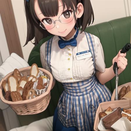 masterpiece, best quality, ultra-detailed, illustration,
(1girl,solo:1.4), glasses, blush, shy, smile, looking at viewer, full body, face focus, black hair, medium hair,
KRU, blue skirt, blue bowtie, blue bow, blue apron, white shirt, waitress, high-waist skirt, short hair, short sleeves, gingham apron,
black eyes, bread, food, tongs, holding, basket,
 <lora:kobeya_U_SD15_V5:1>