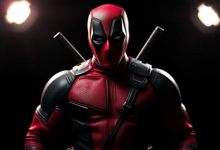 front view of Deadpool, hyper muscular, dirt suit, hyper realistic, studio photography, dramatic lights, dynamic shadows, black background, chiaroscuro, high contrast lights
