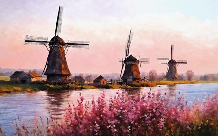 RAW, analog capture with Nikon Z 85mm lens, an acclaimed and alluring photograph recognized for its ((superlative quality)), hailed as a ((masterpiece)), an intricately detailed landscape, 
a row of windmills on a river, widescreen shot, gentle dawn pink light, clogs, wind blowing leaves, irrigation,
, captured with professional precision in 4k resolution. The scene unfolds amid the bloom of spring flowers, bathed in the warmth of god rays, creating a delicate and innocent ambiance. The photograph boasts high-resolution imaging, capturing every nuance of the subject's facial features with remarkable detail and sharp focus. The aesthetic appeal is heightened by the smooth rendering, offering an extremely detailed and realistic portrayal. Post-processing techniques further enhance the image, achieving maximum detail and conveying a sense of roughness reflective of real-life textures. The result is an ultra-realistic depiction, showcasing the artistry of photorealism in exquisite 8k UHD. The play of SEMI-SILHOUETTE light adds depth and dimension, reminiscent of impressionist painting techniques with brushstrokes and palette knife strokes. This expressive composition, inspired by the styles of Leonid Afremov, incorporates elements of (cell shading: 1.2) and a 2D visual aesthetic, akin to the richness found in oil paintings (oil painting: 1.2), all meticulously curated by the skilled hand of Carne Griffiths.