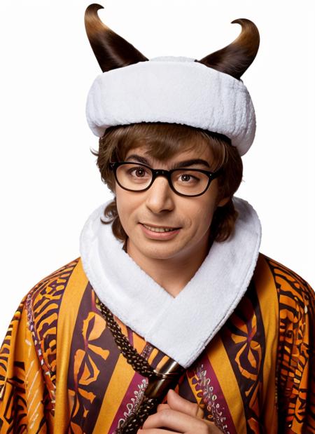 ap1  , headshot, man, solo, man wearing  Exotic Robes with Tribal Patterns, Whip, Animal Mask  hornrimmed glasses, full body, full body shot, white background, no background, PNG, natural lighting, no shadows, ultra detailed, hyperrealistic, 80mm, 4k, 8k, 8k realistic, sharp focus, intricate, high resolution <lora:AustinPowers:.85>