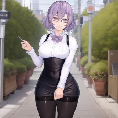 (masterpiece, best quality, highres:1.4), 1girl, solo, breasts, looking at viewer, smile, short hair, shirt, long sleeves, dress, bow, purple eyes, white shirt, purple hair, pantyhose, glasses, bowtie, black pantyhose, purple bow, purple bowtie, <lora:mirei_mikagura:1>