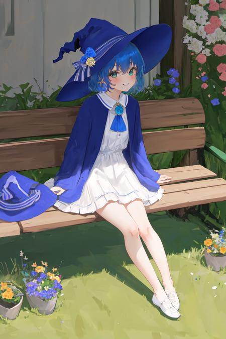 masterpiece, best quality, sharon, 1girl, witch hat, blue hair, short hair, green eys, full body, sharon, 1girl, witch hat, blue hat, blue robe, smile, one eye open, blue hair, short hair, brooch, flower hat decoration, blue ribbon, small dress, white dress, blue bow, green eyes, outdoors, sitting on bench, bare legs, castle, brooch, flower fields, nervous, sticking out tougue,