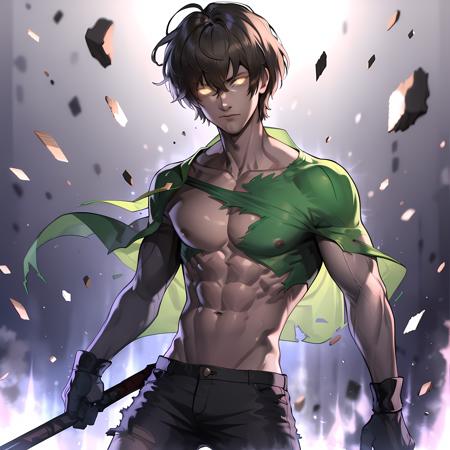 ((masterpiece, best quality)),(complex light), 1boy, solo, shaggy rogers, male ,muscular, torn shirt, glowing eyes ,debris background ,<lora:shaggy1-10:0.6>, simple background,