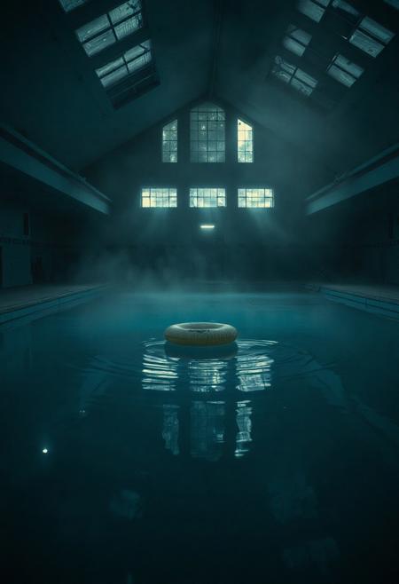 ““An abandoned indoor swimming pool, dimly lit by flickering ceiling lights. The water is still, untouched, reflecting the pale blue tiles and broken windows above. Thick fog creeps along the floor, and dust floats in the quiet air. A single pool float drifts slowly across the water, creating gentle ripples in the silence. The scene is frozen in time — no people, no movement, just echoes of what once was. Soft, ambient hums mix with the distant creak of pipes. Cinematic 4K, 35mm film grain, desaturated colors, dreamlike, surreal atmosphere, heavy stillness.”