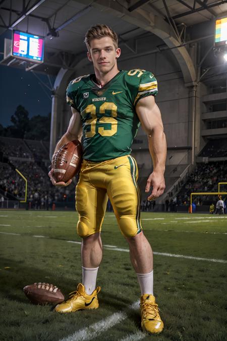 On a football field, holding a football, BradHunter, American football player wearing (green and gold football uniform), green jersey, (((full body portrait))), full body shot, wide angle    <lora:BradHunter:0.8>