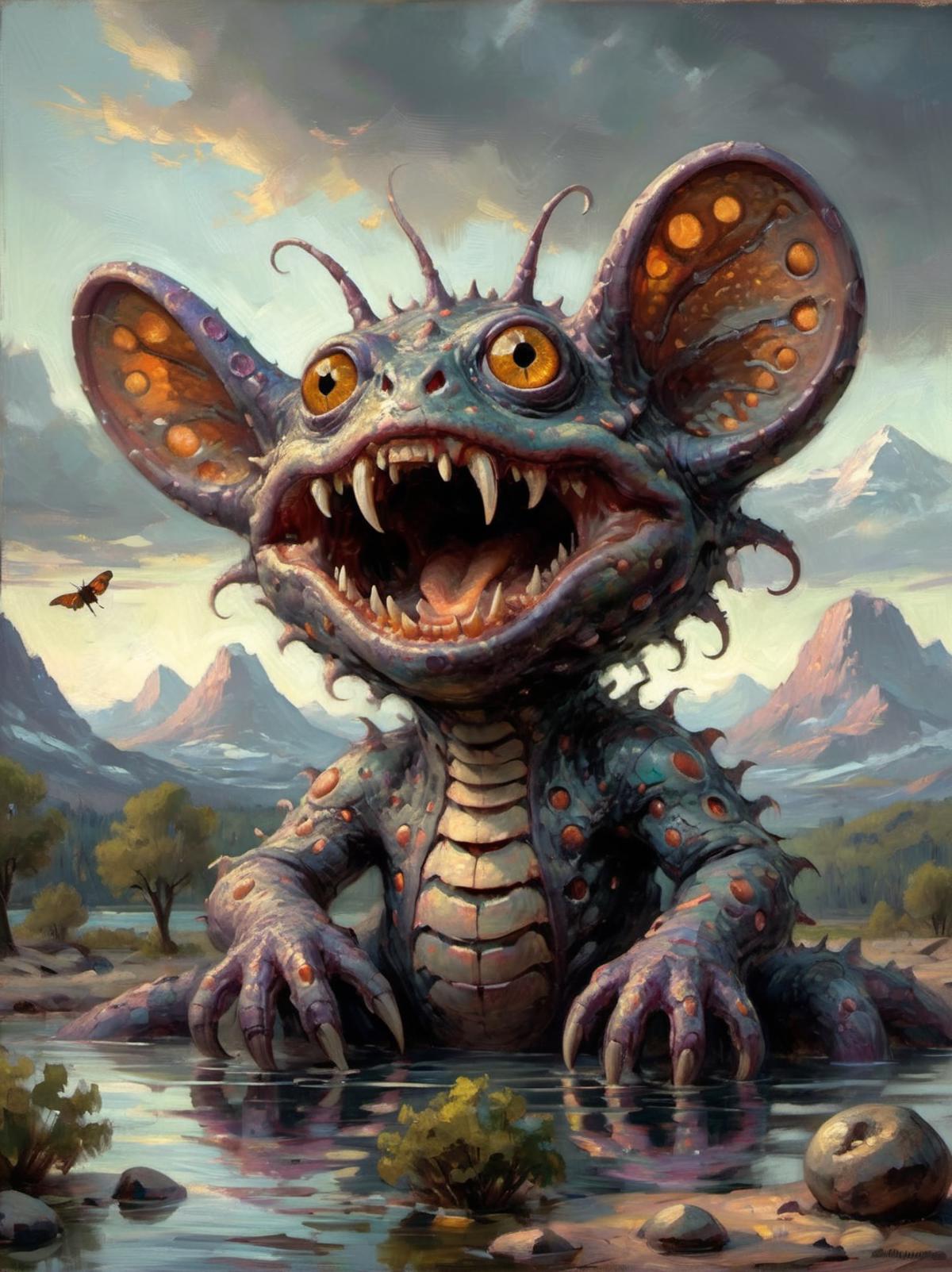 A painting of a monster with big teeth, sitting in a lake.