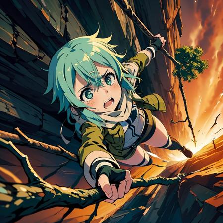 masterpiece,best quality,highly detailed,1girl,solo,scared,raised eyebrows,constricted pupils,surprised,clenched teeth,sweat,sweatdrop,
<lora:sinon_v5:0.7>,sinon1,scarf,fingerless gloves,long sleeves,short shorts,hair ornament,hairclip,green thighhighs,green jacket,thigh strap,
BREAK
<lora:hangingTreeCliff:0.5>,(((hanging from branch in high position, arms up))),hanging from branch,holding branch,grabbing branch,full body,outdoors,scenery,from above, foreshortening, perspective, (((lava,molten rock,burning))),