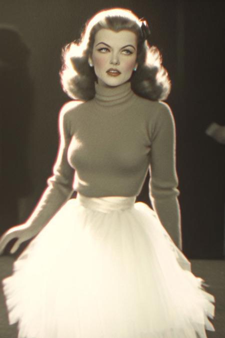 1950s girl glamour, index_fingers_together, arm_under_breasts, looking_to_the_side, 1950s round blunt bangs, adorable seductive half-closed averting eyes, seductive averting eyes, Really long WHITE messy wavy hair, wide skirt, 1950s Cute beautiful eyes, cute eyeliner, (long_1940s_WHITE_hair:1.08), Beautiful big pink lips, (1950s_black_sheer_turtleneck_sweater_with_faux_fur_trim_around_the_neckline:0.8), long sweater sleeves, hair over left eye, adorable submission pleasure shy timid embarrassed full_face_blush,(squishy_gigantic_size_breast:0.69), (white_long_puffy_really_wide_romantic_Line_Tulle_white_tutu_puffy_skirt:1.3), (really_wide_romantic_skirt:0.5) (adorable_full_body_and_shy_timid_adorable_obedient_ladylike_skirt_submission_curvaceous_pose:0.77),(upper_full_mature_Female_body_and_delicious_timid_adorable_obedient_ladylike_skirt_submission_curvaceous_pose:1.15), 1947-Paris-France background