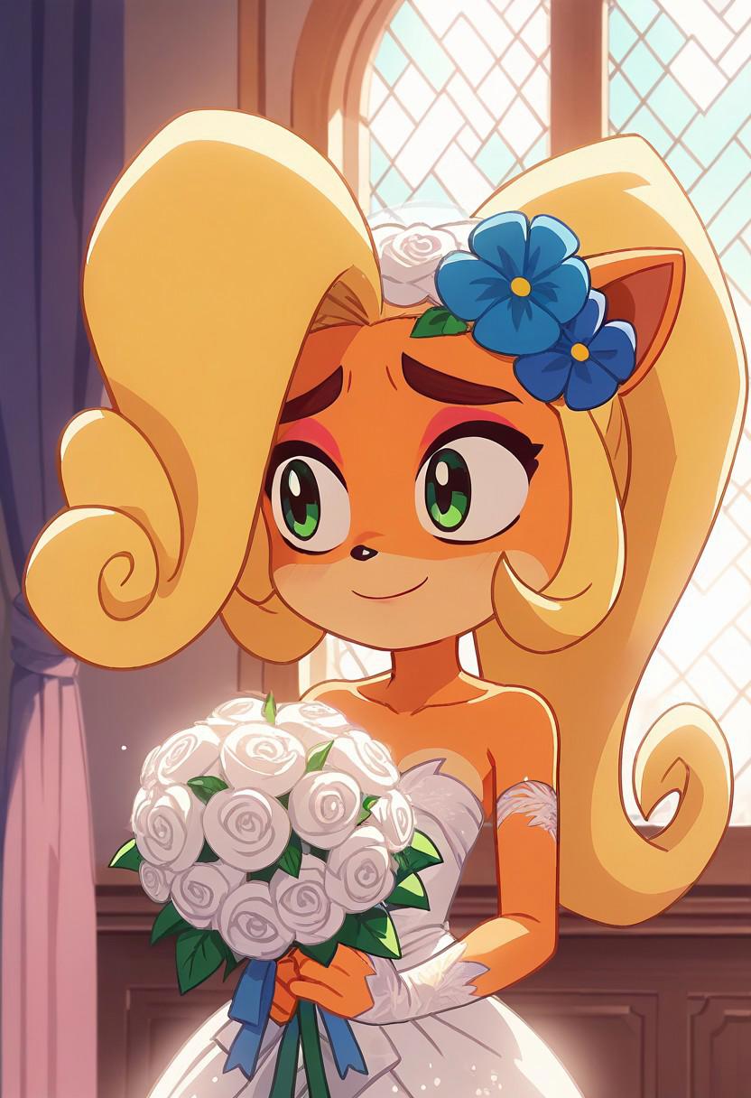 score_9, score_8, score_8_up, score_7_up, score_6_up, 1girl, Coco Bandicoot, nervous, smile, blonde hair, green eyes, wedding dress, flower bouquet, anime screencap, line art, flat colors, portrait, indoors, inside a castle from the demon world, ), light by lightning, near window, morning, looking for someone, hall