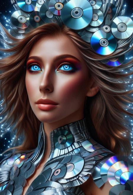 made of cd's, Masterpiece, detailed, realistic photo, night, Scottish female, close-up, space, CYBORG, several white lines painted on face, fully_dressed, brown lips, gentle smile, 28 years old, Ultra detailed photo realistic background, realistic high detailed face, anatomic correct bodies, extremely realistic, lots of detail, strong, dull_natural_skin, hands out of view or hidden,  bright blue eyes, glowing eyes, electronic head wear, aino_minako.