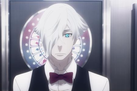 (masterpiece), high quality, highly detailed background, 1boy, solo,
<lora:DeathParadeDecim-v3-03:1>, ChopioDecim, white hair, short hair, hair over one eye, blue eyes, +_+, pale skin, (looking at viewer:1),
outfit_1, bartender, white shirt, collared shirt, black waistcoat, red bowtie,
standing, bar, alcohol, glass,