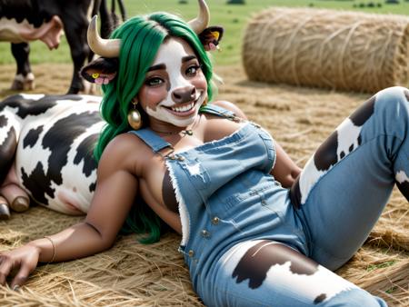 <lora:cow-v2_adam-cosine-8x4-4x1-000004:1>
a c0wg1rl cow woman with green hair from the side with black and brown fur and a cow face
wearing earrings and overalls and smiling and laying down on hay,
8k, high resolution, ultra detailed