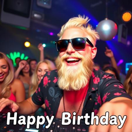 Jolly dj with blonde beard, sunglasses, having a great time, club scene, disco lights, multiple girls, joy, celebration, "Happy Birthday"