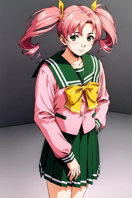 1girl, solo, pink jacket,green pleated skirt,green sailor collar, school uniform, serafuku,long sleeves,yellow bowtie, drill hair, twintails,pink hair,bangs,green eyes, looking at viewer,   <lora:Hidero Horibe:0.8>, <lora:Chiaki Nagumo:0.3>