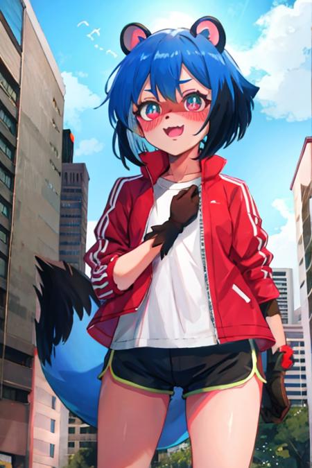 bnamichiru, female furry, blue hair, multicolored hair, short hair, raccoon ears, tail, red jacket, black shorts, short shorts, embarrassed, standing, city  <lora:michiru_kagemori:1>