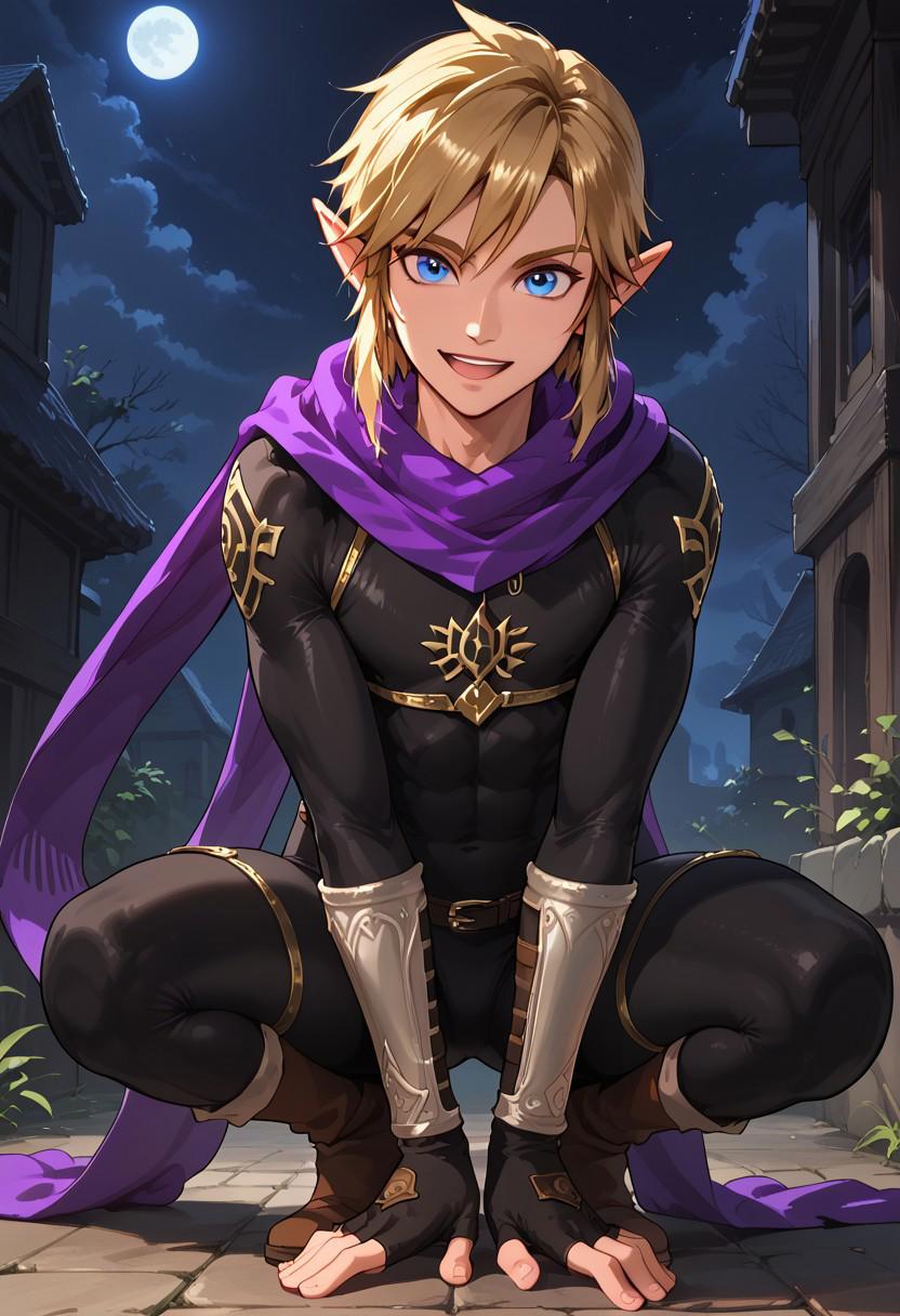 score_9, score_8_up,score_7_up, score_6_up, (1boy, male), (Link from the legend of zelda), (short hair, blonde hair, bangs), (detailed face and blue eyes), happy, smile, slightly open mouth, (flat chest), solo, pinup, defined body, athletic body, fit body, sweaty, tall, moonlight, night park background, (scarf,bodysuit,purple scarf:1.3), (sneaking, crouching:1.3),