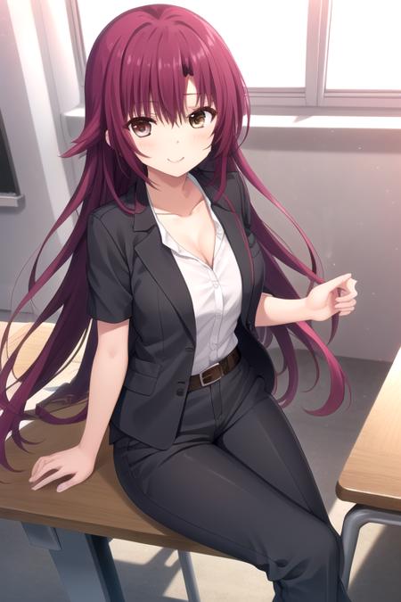 Ayase Touka very long hair,red hair,sidelocks,bangs,brown eyes collarbone,grey jacket,suit jacket,wing collar,white shirt,large breasts,short sleeves,black belt,grey pants,pant suit,capri pants,high heels,black footwear