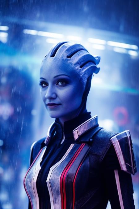 woman, asari, close up, action pose, sci-fi complex armor, cyberpunk, blue_skin, cyberpunk warehouse, rain, looking into the camera, hair flying, (anime), (illustration), cartoon, detailed