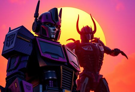 Purple and black Optimus Prime cowboy shot cinematic photograph with an orange and blue synthwave sun background. Slightly turned. Decepticon.