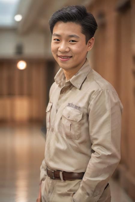 best quality,1man,Khaki shirt, solo, 8k uhd, film grain, (studio lighting:1.2), (Fujifilm XT3), (photorealistic:1.3) , (detailed skin:1.2),beautiful detailed sky,(nose blush),(smile:1.15),(closed mouth),(short hair:1.2), full body,student,((gaygaygay))