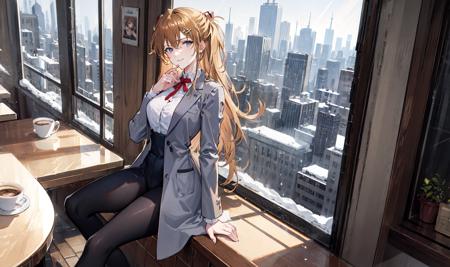 asuka, 1girl, solo focus, tall female, very long hair, large breasts, wide hips, sharp face, jewel-like eyes, serious, tired, wearing long grey coat, black blazer, black legwear, stylish sneakers, accessories, smartwatch, flower hair ornament, cute smile, sitting, cafe, coffee shop ambience, coffee shop aesthetic, snow on window, dawn, window view, massive cityscape, beautiful view, dim-lit ambience, holding coffee, {correct posing}, {detailed clothing}, {detailed body}, {correct body anatomy}, {extremely beautiful and delicate anime face and eyes}, {minute details}, {intricate details}, {delicate}, (masterpiece), (best quality), (wallpaper), (8k hd),