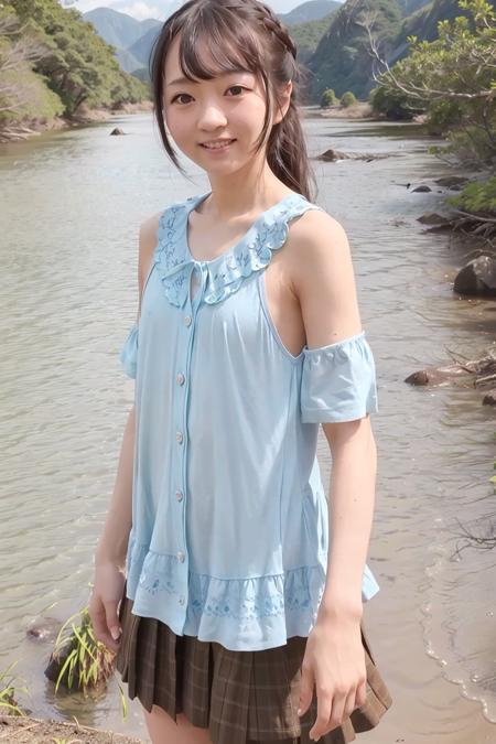 (4k, best quality), (realistic, photo-realistic),(remu_hayami),
1girl, solo,(upper body),close-up,ponytail,
facing viewer, 
(smile),(looking at viewer),(perfect hands),perfect skin,
standing,arms_at_sides,
sunny, river,mountain,blue sky,
<lora:remu_hayami_v11:0.7>