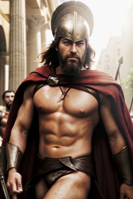 a spartan man with a long beard BREAK
wearing an iron helmet and a cape, holding a spear and a round metal shield BREAK
marching down a greek town street with tall columns BREAK
dolly zoom, dutch angle, lens flare, sharp focus, intrincate details