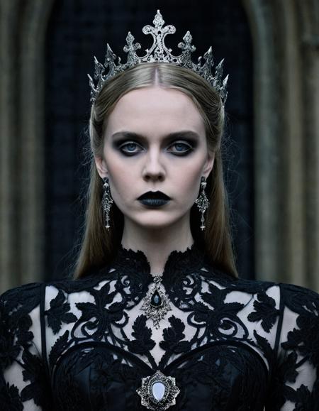 Gothic style <lora:Didier Mouron CLIP Fashion-000005:1>,by Beatrice Huntington,Didier Mouron,dress,fashion,dark and moody colors,, Fear theme, fear, scared,  raised eyebrows, clenched teeth, grimace, perspiration,tremble, black, (gray:0.6), (pale blue:0.3), (wide-eyed:1.1), . Dark, mysterious, haunting, dramatic, ornate, detailed