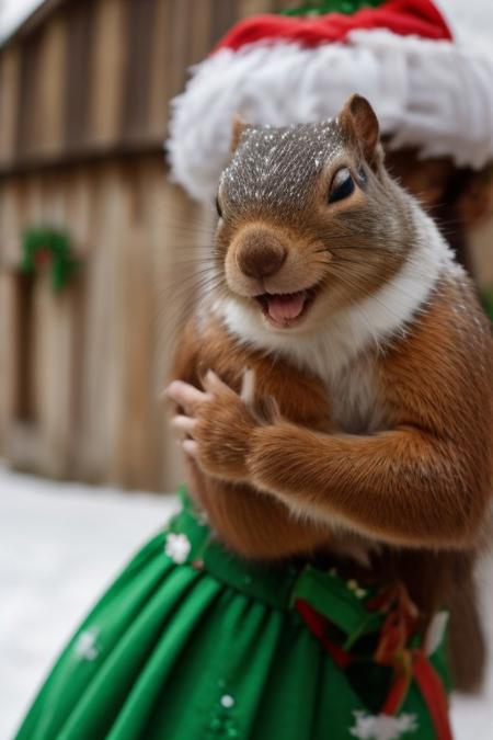 score_9, score_8_up, score_7_up, score_6_up, score_5_up, score_4_up, (((squirrel))), green Christmas dress, bells, cute, (feral:1.2), (red fur), blue eyes, (happy, expressive:1.5), (incoming hug, reaching towards viewer, perspective, depth of field, arms spread, hugging viewer, embracing viewer), upper body shot, (close up:1.5), out of frame, 3lf, green headwear, belt, fur trim, bells, (snow, village, Christmas:2),