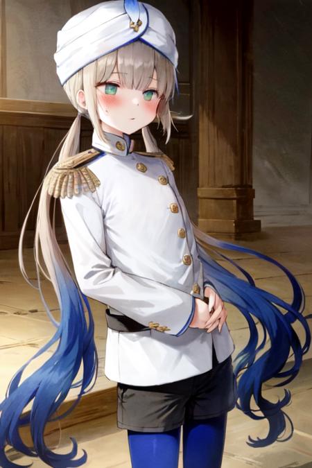 <lora:ch-captainnemo:1>, captain nemo \(fate\), blonde hair, blue hair, multicolored hair, gradient hair, bangs, blunt bangs, green eyes, very long hair, low twintails, otoko no ko, 1boy,
white jacket, long sleeves, epaulettes, black shorts, blue pantyhose, turban, white hat,
solo, standing, blush, indoors