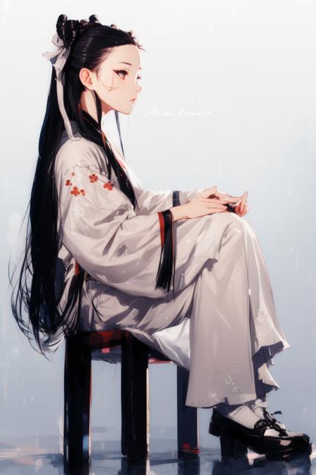 masterpiece, best quality,detailed face,
1girl,solo,((full body)),white hanfu,hair ribbon,
gradient background, sitting,
 <lora:xiaolongnv_20230601155437:1>